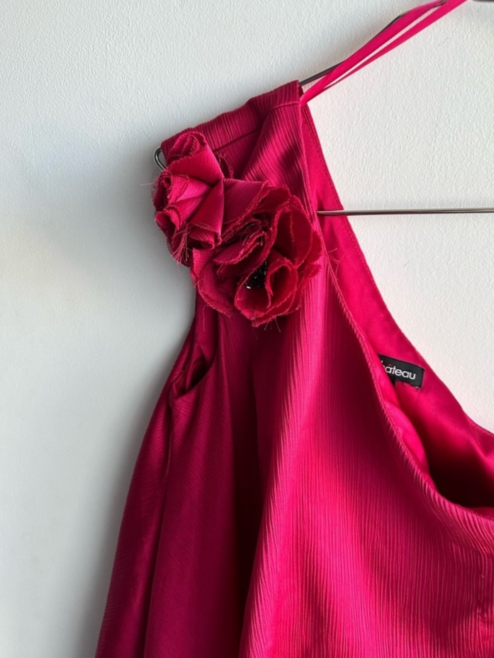 le chateau One-Shoulder Fuchsia Satin Dress with Floral Accent - Picture 4 of 5